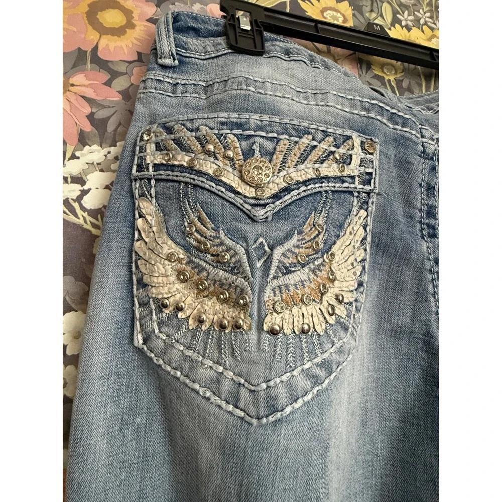 Womens Embellished Bootcut Jeans Light Wash Rhinestone Wings Size M